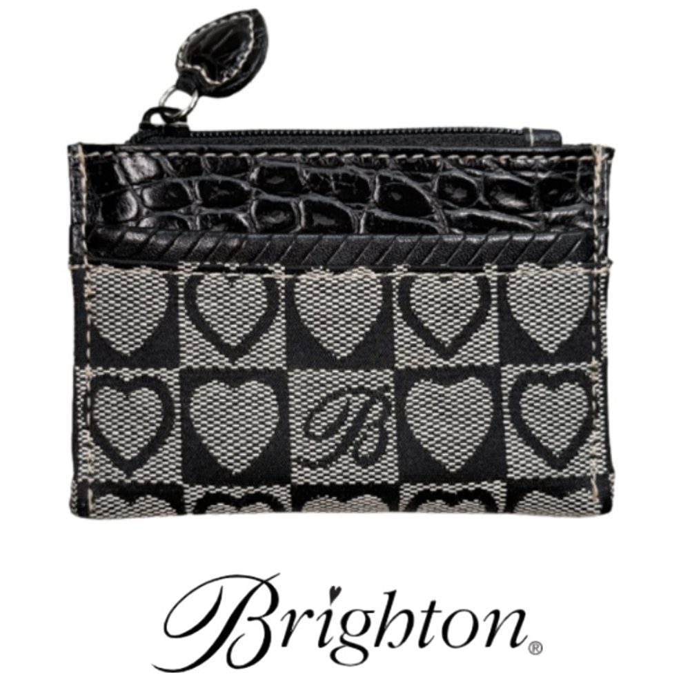 BRIGHTON | Italian Croc Embossed Leather Canvas Heart Coin Card Purse Pouch